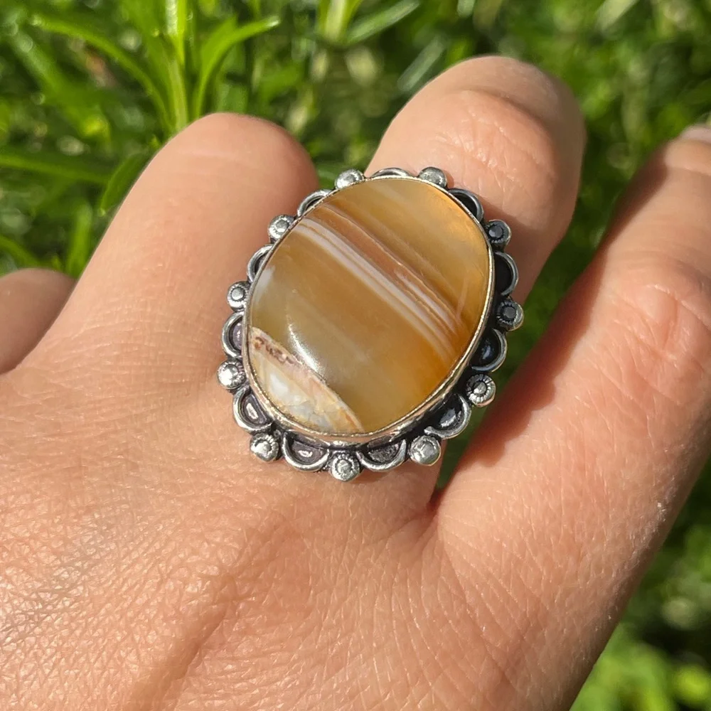 Size 7.5‎ 925 silver plated yellow banded agate ring
